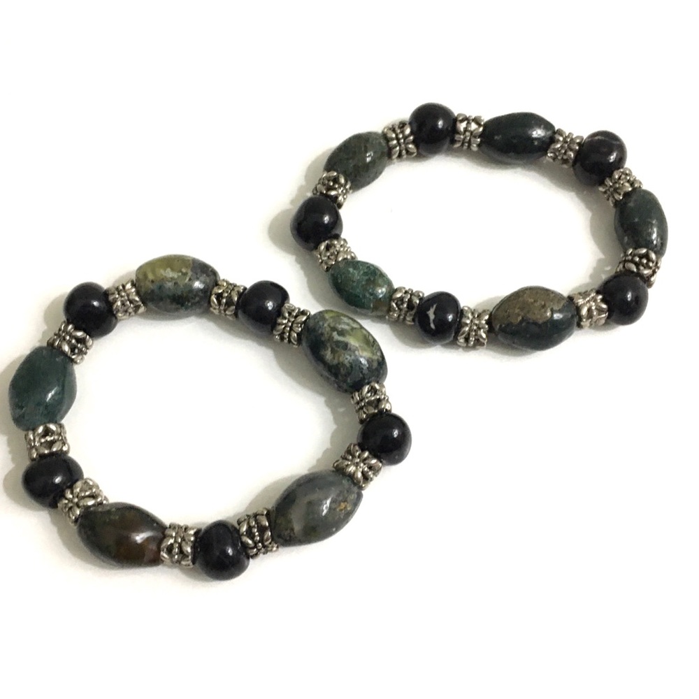 2 Green & Black Glass Bead Stretch Bracelets
